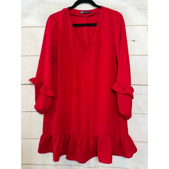 ZARA Red Sz M Long Sleeve Dress Ruffles V Neck Holiday Party Flirty FUN - Picture 1 of 5